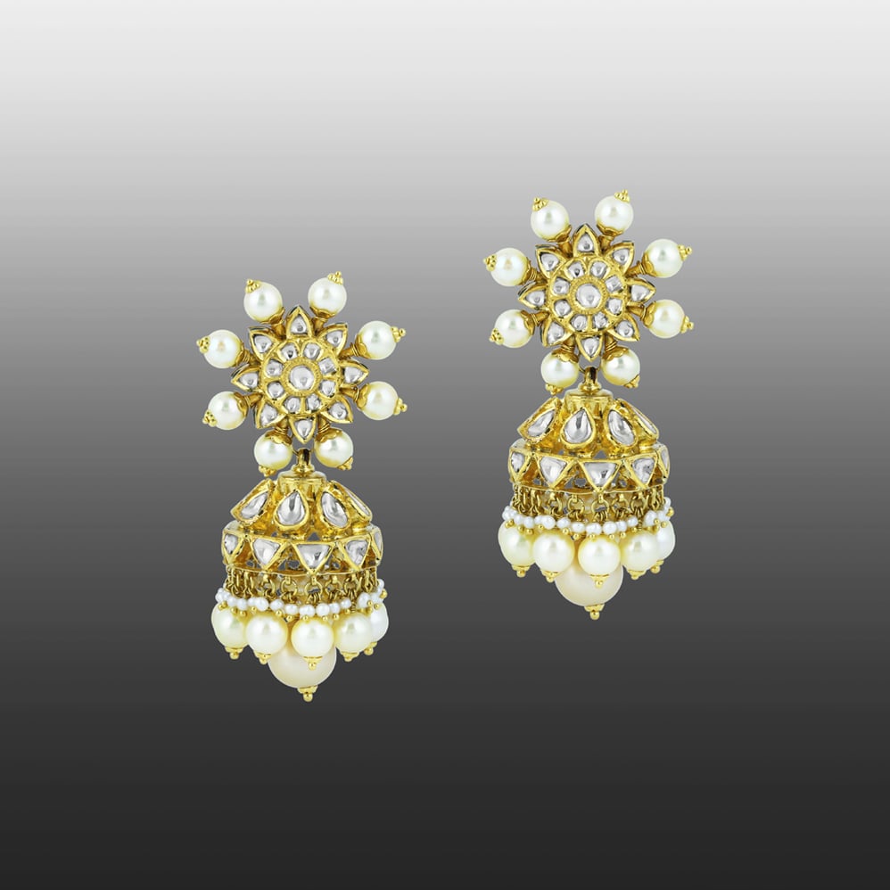 Floral Polki Jhumka Earrings with Layered Pearls